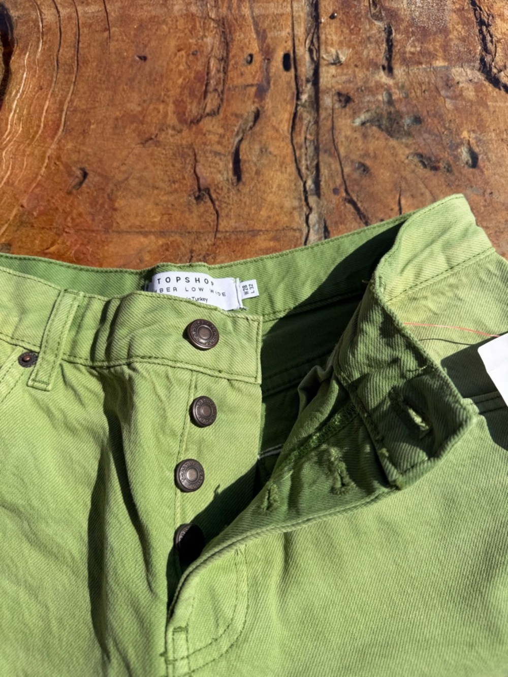 Topshop Lime Green Button-Fly High-Rise Jeans, size 28
